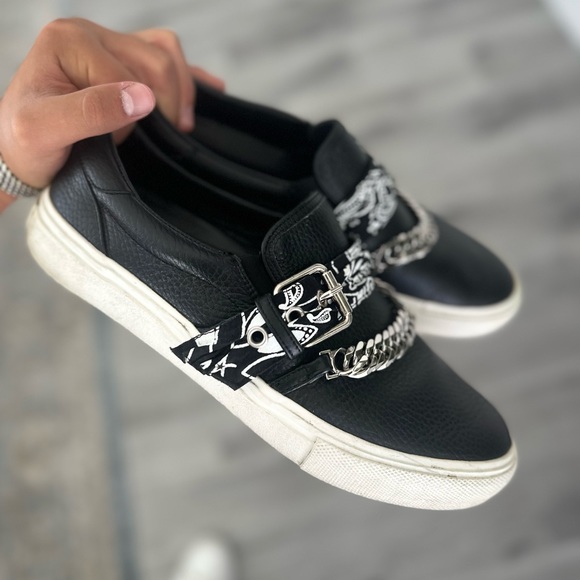 AMIRI BLACK LEATHER BANDANA CHAIN SLIP ON SNEAKERS WITH THEREALREAL BAGS - Picture 1 of 4